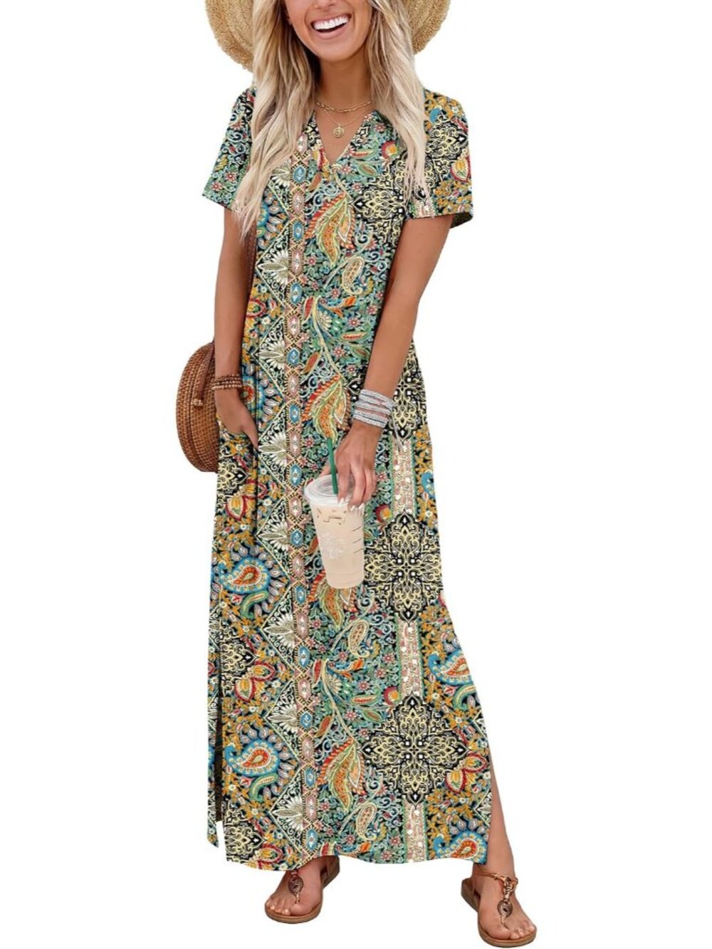 〽️Boho Maxi Sundress Women's V Neck Short Sleeve Beach Vacation Summer Dress